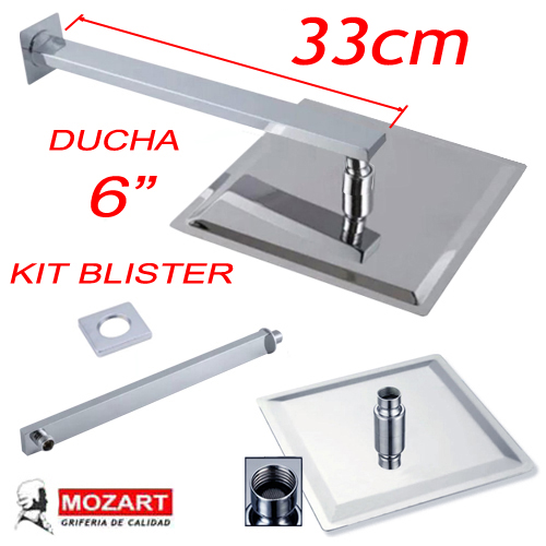 DUCHA 6´´ Y BRAZO RECTANG. 33 CM. C/ROSETA CUAD. AC.INOX BLI