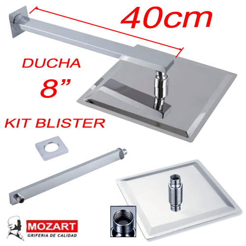 DUCHA 8´´ Y BRAZO RECTANG. 40 CM. C/ROSETA CUAD. AC.INOX BLI